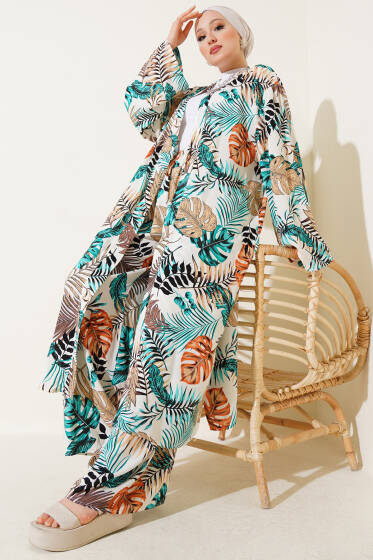 Palmiye Yapraklı Uzun Kimonolu İkili Takım İndigo - İKİLİ TAKIM