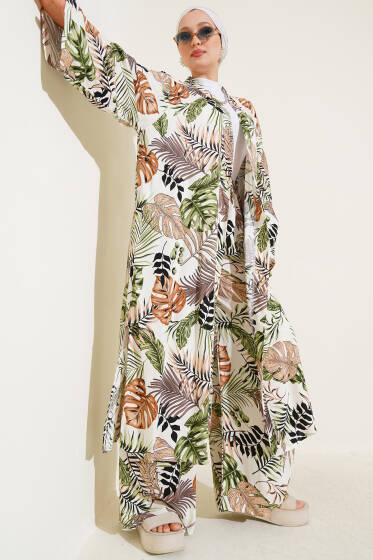 Palmiye Yapraklı Uzun Kimonolu İkili Takım Kahve - İKİLİ TAKIM