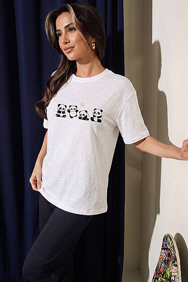 Panda Baskılı T-shirt Beyaz - Kadın Giyim Modelleri