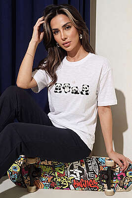 Panda Baskılı T-shirt Beyaz - Kadın Giyim Modelleri
