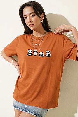 Panda Baskılı T-shirt Oranj - Kadın Giyim Modelleri