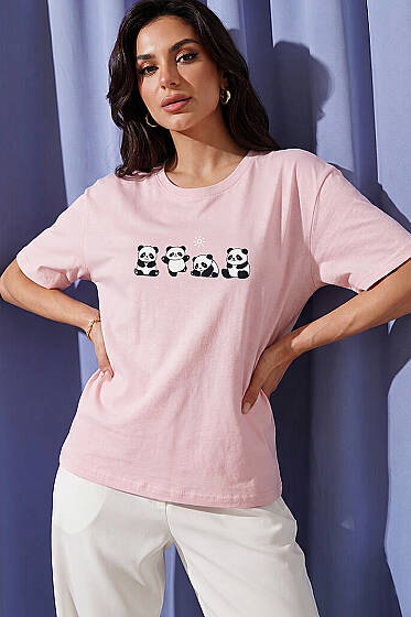 Panda Baskılı T-shirt Pudra - Kadın Giyim Modelleri