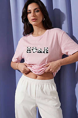 Panda Baskılı T-shirt Pudra - Kadın Giyim Modelleri