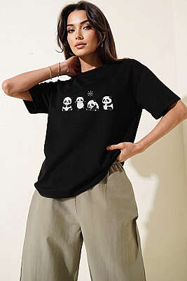 Panda Baskılı T-shirt Siyah 
