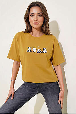 Panda Baskılı T-shirt Yağ Yeşili 