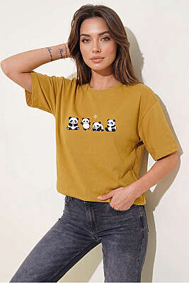 Panda Baskılı T-shirt Yağ Yeşili - Kadın Giyim Modelleri