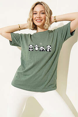 Panda Baskılı T-shirt Yeşil 