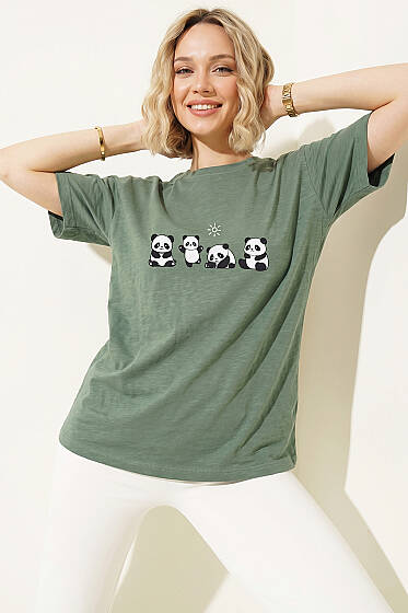 Panda Baskılı T-shirt Yeşil - Kadın Giyim Modelleri