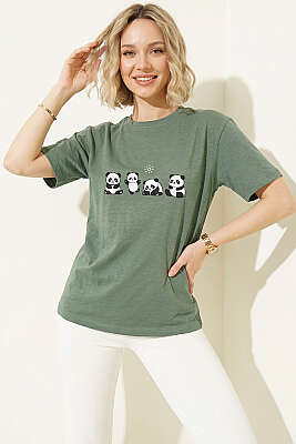 Panda Baskılı T-shirt Yeşil - Kadın Giyim Modelleri