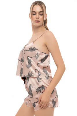 Panter Desen Askılı Saten Pijama Takımı Somon - LOVE SECRET