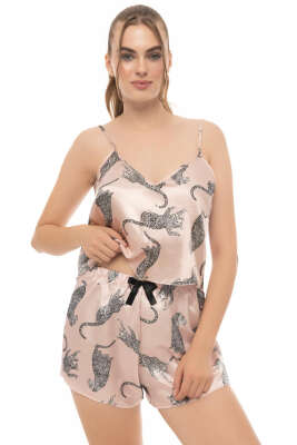 Panter Desen Askılı Saten Pijama Takımı Somon - Pijama & Gecelik