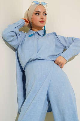 Pantolonu Kapaklı Keten İkili Takım Mavi - İKİLİ TAKIM