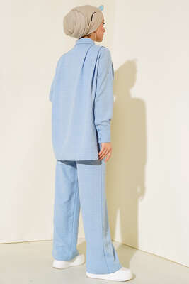 Pantolonu Kapaklı Keten İkili Takım Mavi - İKİLİ TAKIM