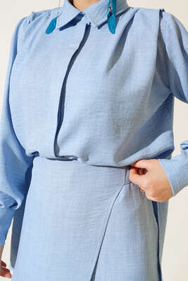 Pantolonu Kapaklı Keten İkili Takım Mavi - İKİLİ TAKIM