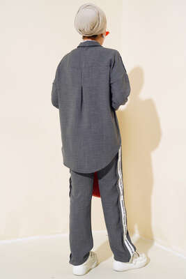 Pantolonu Şerit Detaylı İkili Takım Füme - Thumbnail