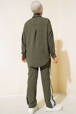 Pantolonu Şerit Detaylı İkili Takım Haki - Thumbnail