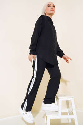 Pantolonu Şerit Detaylı İkili Takım Siyah - HBS