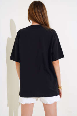 Papağan Baskılı T-shirt Siyah - Kadın Giyim Modelleri