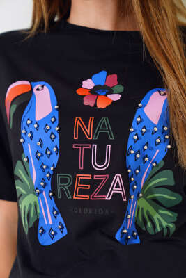 Papağan Baskılı T-shirt Siyah - Kadın Giyim Modelleri