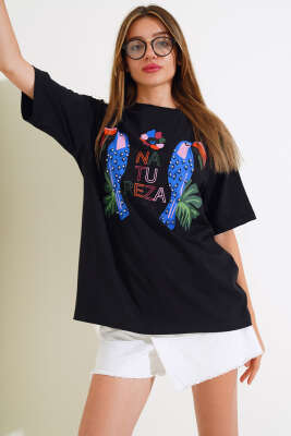 Papağan Baskılı T-shirt Siyah - Kadın Giyim Modelleri