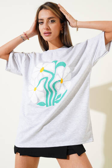 Papatya Baskılı T-shirt Melanj Gri - Kadın Giyim Modelleri