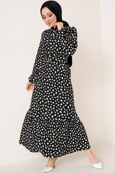Papatya Desen Kemerli Bürümcük Elbise Siyah - Tesettür Elbise
