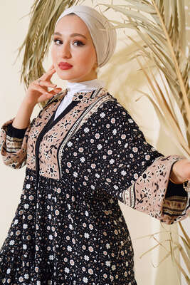 Papatya Desen Salaş Elbise Siyah - Tesettür Elbise