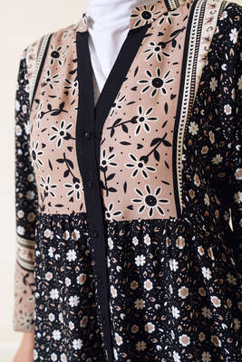 Papatya Desen Salaş Elbise Siyah - Tesettür Elbise