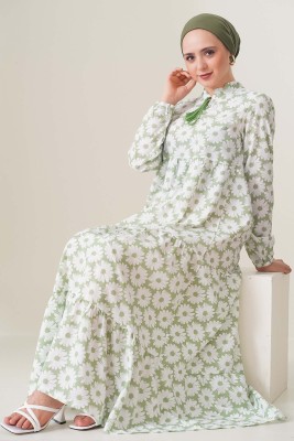 Papatya Desen Yeşil Elbise - Thumbnail