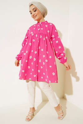 Papatya Desenli Büzgü Detaylı Düğmeli Tunik Fusya - Tunik