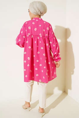 Papatya Desenli Büzgü Detaylı Düğmeli Tunik Fusya - Tunik