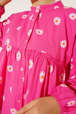 Papatya Desenli Büzgü Detaylı Düğmeli Tunik Fusya - Tunik