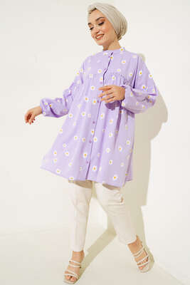 Papatya Desenli Büzgü Detaylı Düğmeli Tunik Lila - Tunik