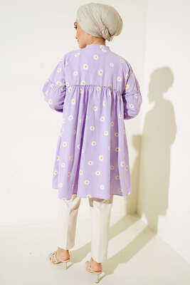 Papatya Desenli Büzgü Detaylı Düğmeli Tunik Lila - Tunik