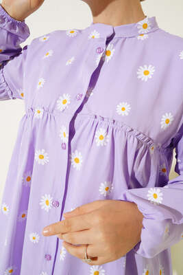 Papatya Desenli Büzgü Detaylı Düğmeli Tunik Lila - Tunik