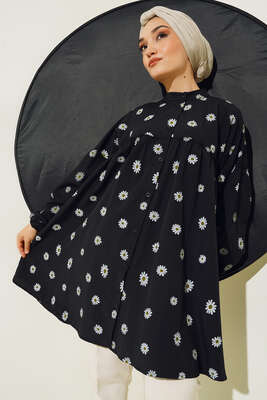 Papatya Desenli Büzgü Detaylı Düğmeli Tunik Siyah 