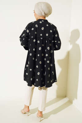 Papatya Desenli Büzgü Detaylı Düğmeli Tunik Siyah - Tunik