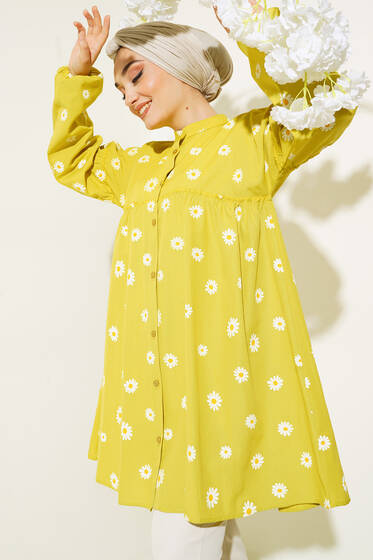 Papatya Desenli Büzgü Detaylı Düğmeli Tunik Yağ Yeşili - Tunik