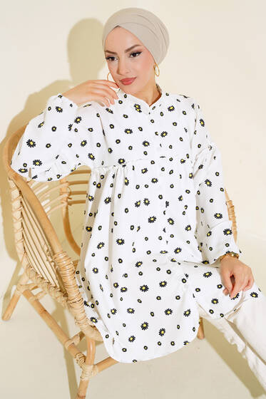 Papatya Desenli Kat Tunik Beyaz - Tunik