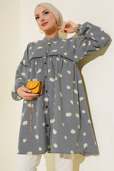 Papatya Desenli Kat Tunik Siyah Çizgili - Tunik