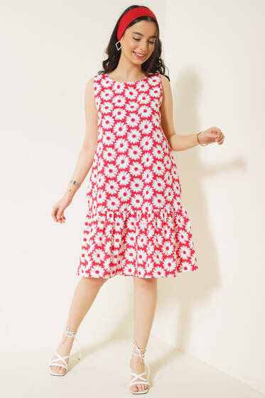 Papatya Desenli Sıfır Kol Elbise Kırmızı - Kadın Giyim Modelleri