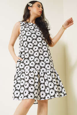 Papatya Desenli Sıfır Kol Elbise Siyah 