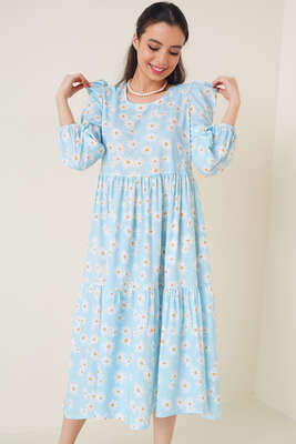 Papatya Desenli Terikoton Elbise Bebe Mavi - Tesettür Elbise