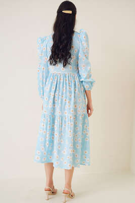 Papatya Desenli Terikoton Elbise Bebe Mavi - Tesettür Elbise