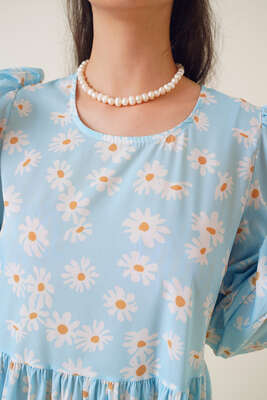 Papatya Desenli Terikoton Elbise Bebe Mavi - Tesettür Elbise