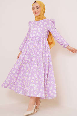 Papatya Desenli Terikoton Elbise Lila 