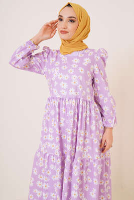 Papatya Desenli Terikoton Elbise Lila - Tesettür Elbise