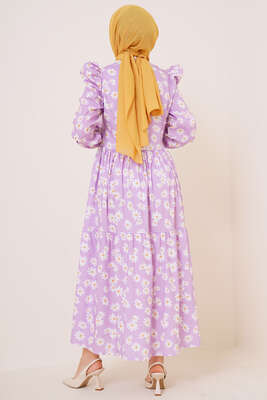 Papatya Desenli Terikoton Elbise Lila - Tesettür Elbise