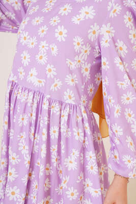 Papatya Desenli Terikoton Elbise Lila - Tesettür Elbise