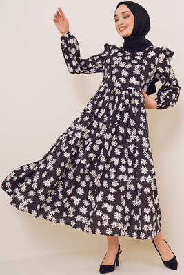 Papatya Desenli Terikoton Elbise Siyah - Tesettür Elbise